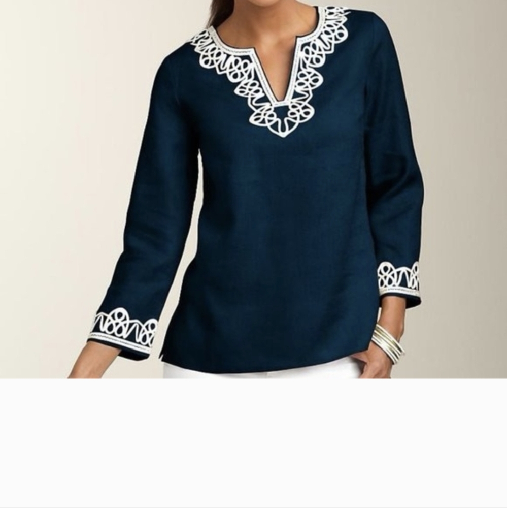 Talbots linen navy blue white trim v neck top sz M Side slits